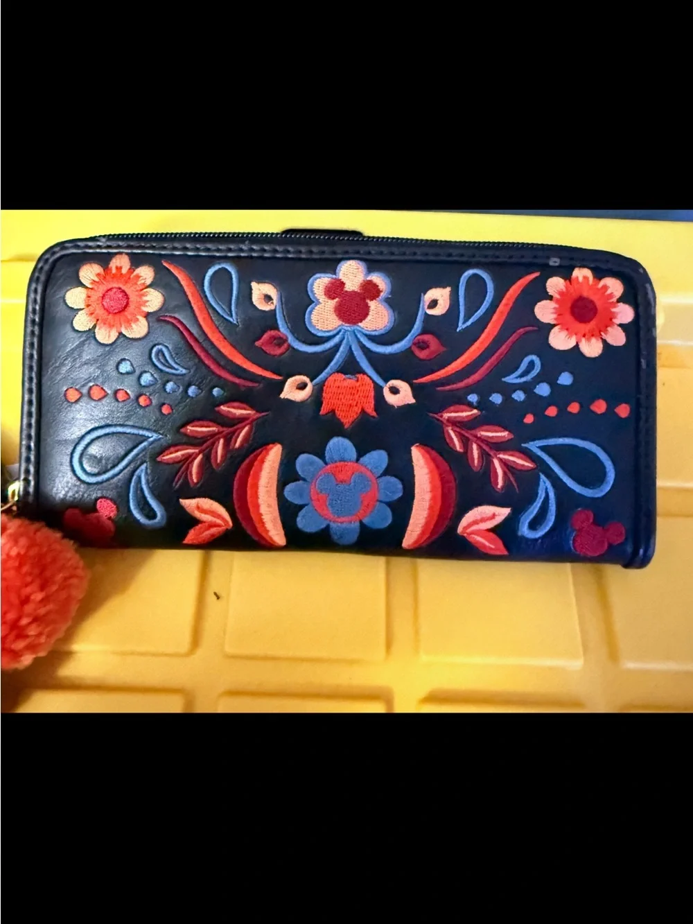 Disney Black Floral Embroidered Zip Wallet with Red and Blue Pom-Pom